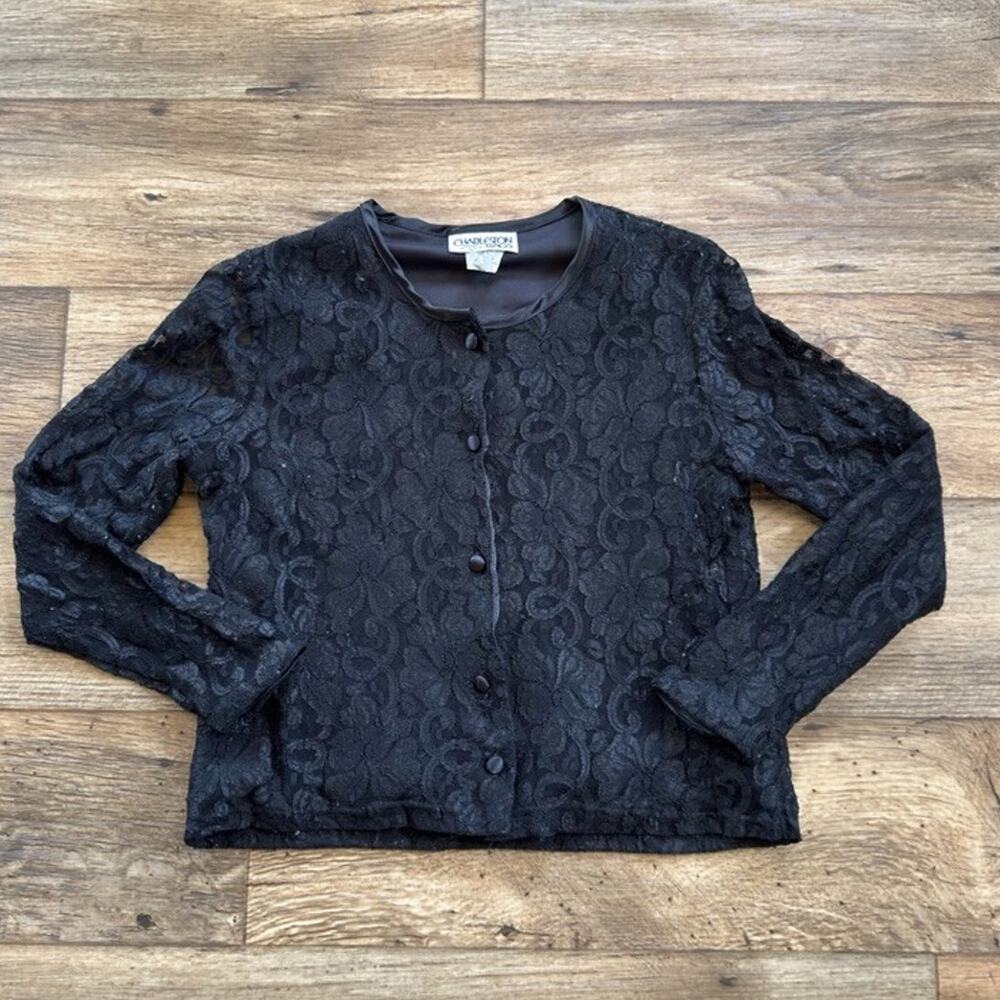 Vintage 80s Charleston Rags Black Lace Button Up Longsleeve Shirt